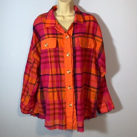 BiBi Vibrant Plaid button down double chest pockets S orange pink linen cotton S - Picture 1 of 7